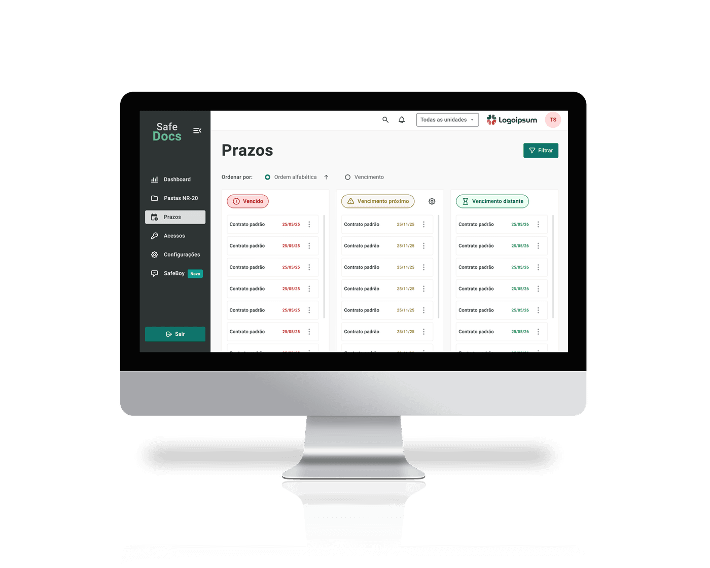 Tela de Prazos do SafeDocs em um monitor